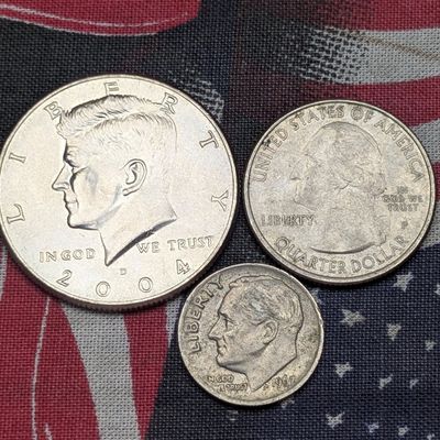 Sale Photo Thumbnail #349: 2004-D Kennedy Half Dollar, 2019-P Washington Quarter and 1967 Roosevelt Dime - All Clad Coins