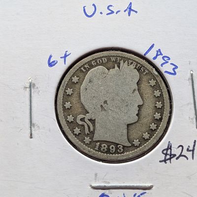 Sale Photo Thumbnail #301: 1893 90% Silver Barber Quarter