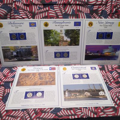 Sale Photo Thumbnail #101: (5) 1999 P&D Uncirculated State Quarter Sets with Stamps in Binder Display Sheets