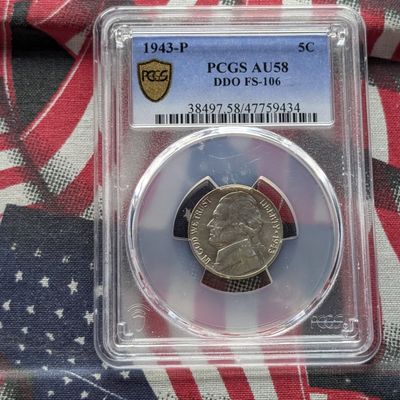 Sale Photo Thumbnail #313: 1943-P Jefferson 35% Silver War Time Nickel PCGS AU58, DDO FS 106