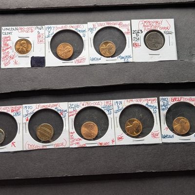 Sale Photo Thumbnail #69: (9) Assorted Lincoln Cents, Jefferson Nickel, & Roosevelt Dime Error Coins