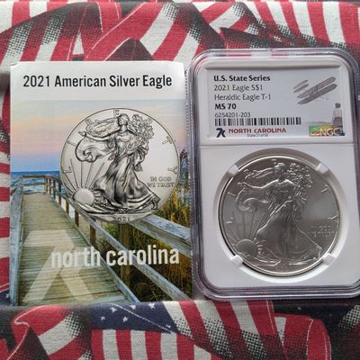 Sale Photo Thumbnail #206: 2021 American Silver Eagle T-1 Heraldic Eagle 1 Troy Oz. .999 Silver - NGC MS70 NGC - U.S. State Series North Carolina #21 of 50