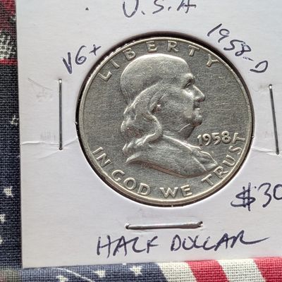 Sale Photo Thumbnail #8: 1958-D 90% Silver Franklin Half Dollar - Vietnam War Era