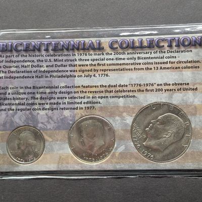 Sale Photo Thumbnail #53: 1976-D United States Bicentennial Quarter, Kennedy Half Dollar, & Eisenhower Dollar In Collection Set, All with Toning