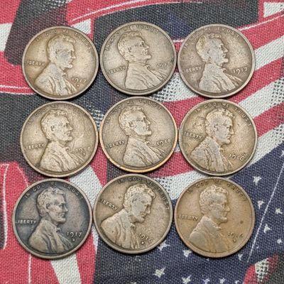 Sale Photo Thumbnail #99: 1916 PDS, 1917 PDS, & 1918 PDS Lincoln Wheat Cents - 9 Total Coins