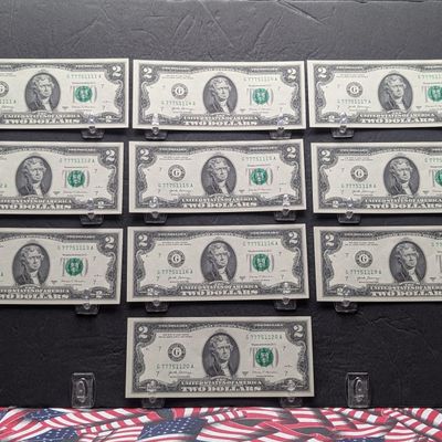 Sale Photo Thumbnail #373: (10) 2017 A Series $2 Bills W/ Consecutive Serial Numbers - LUCKY SEVENS
