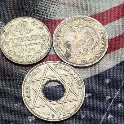 Sale Photo Thumbnail #321: 1916 Soviet Ten Kopeks, 50% Silver 1.8g & 1890 China Empire 7.2 Candareens 80% Silver 2.7g, also 1936 British West Africa 1/10th Penny C/N