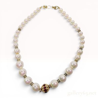 Sale Photo Thumbnail #304: Christian Dior Graduated Faux Pearl Necklace with Rhinestone and Red Stone Accents