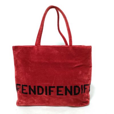 Sale Photo Thumbnail #117: Fendi Red Ribbed Velvet Logo Shopper Tote Bag