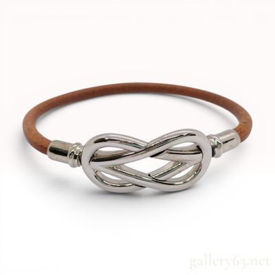 Sale Photo Thumbnail #603: Hermes Atame Brown Leather and Palladium-Plated Metal Cord Bracelet