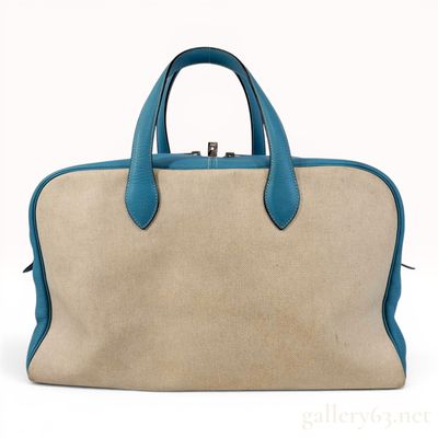Sale Photo Thumbnail #587: Hermes Victoria 43 Toile and Teal Blue Leather Travel Bag