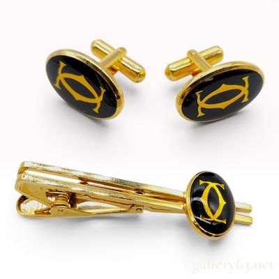Sale Photo Thumbnail #27: Cartier 2C Logo Gold-Tone and Black Lacquer Cufflink and Tie Clip Set