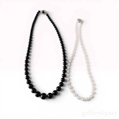 Sale Photo Thumbnail #581: Two Beaded Necklaces Including Graduated Black Beads and White Cultured Pearls with Silver Clasps w/Box