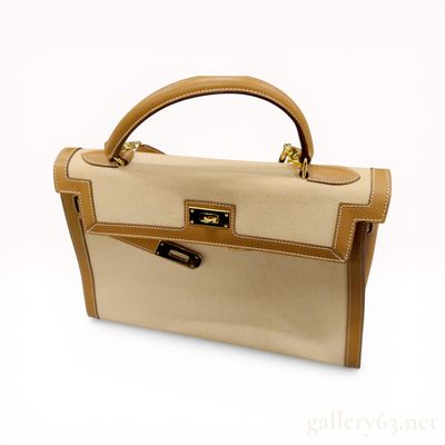Sale Photo Thumbnail #89: Italian Kelly-style Two-tone Canvas and Leather Handbag