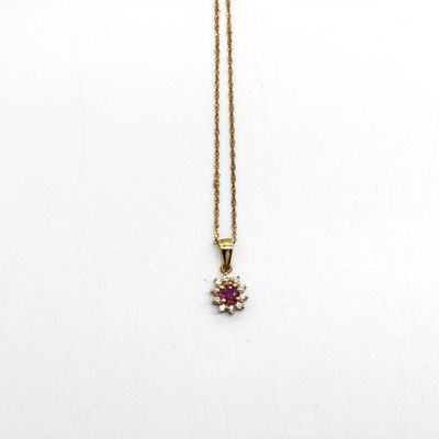 Sale Photo Thumbnail #618: 18K Yellow Gold Ruby and Diamond Halo Pendant Necklace