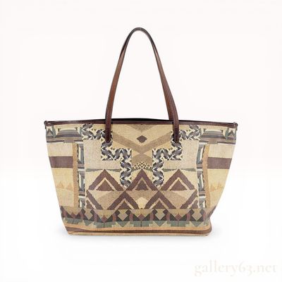 Sale Photo Thumbnail #500: Southwestern Geometric Pattern Coated Canvas Tote Bag with Leather Trim