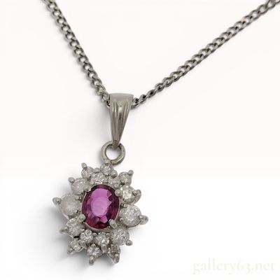Sale Photo Thumbnail #623: Platinum, Ruby, and Diamond Cluster Pendant Necklace