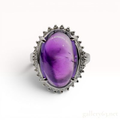 Sale Photo Thumbnail #567: Amethyst Cabochon and Diamond Platinum Cocktail Ring