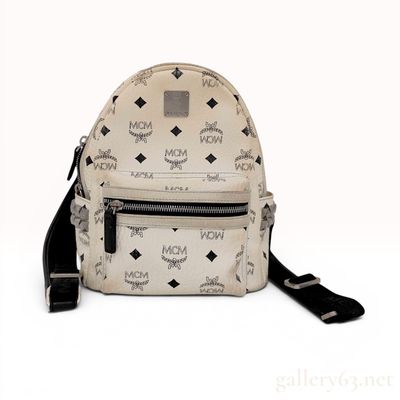 Sale Photo Thumbnail #167: MCM White Visetos Coated Canvas Small Stark Studded Backpack