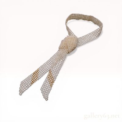 Sale Photo Thumbnail #435: Beaded Freshwater Rice Pearl and Gold-Toned Mesh Tie Necklace