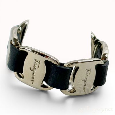 Sale Photo Thumbnail #326: Salvatore Ferragamo Silver-Toned and Black Leather Band Scarf Ring