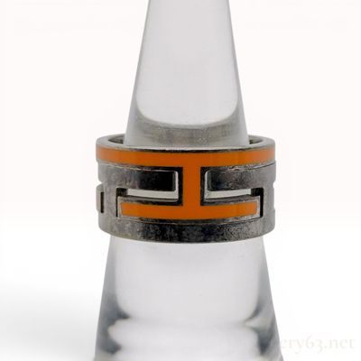 Sale Photo Thumbnail #448: Hermes Sterling Silver and Orange Enamel Move H Ring with Box