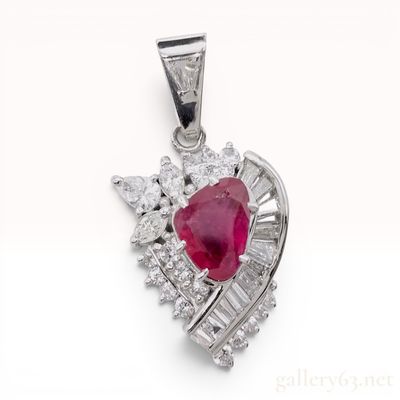 Sale Photo Thumbnail #540: Platinum Thai Ruby and Multi-Cut Diamond Asymmetrical Pendant