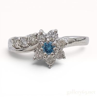Platinum Flower Motif Bypass Ring with Irradiated Natural Blue Diamond and Diamond Accents