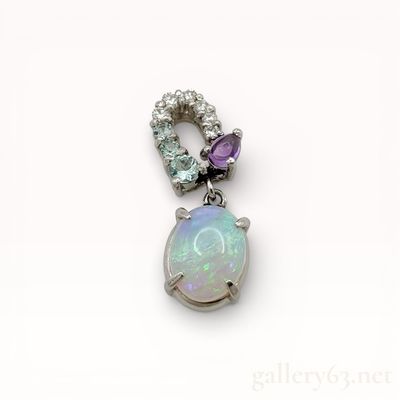Sale Photo Thumbnail #492: Platinum 1.28ct Opal, Amethyst, Aquamarine & Diamond Pendant