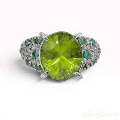 Sale Photo Thumbnail #165: 18 Karat White Gold Peridot Emerald and Diamond Cocktail Ring