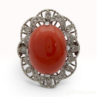 Sale Photo Thumbnail #108: Antique Red Coral and Diamond Cocktail Ring in Pt900 Platinum