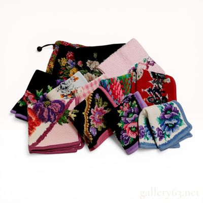 A Collection of Feiler Chenille Cotton Floral Handkerchiefs and Pouch