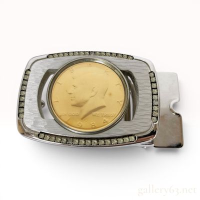 Sale Photo Thumbnail #24: Silver-Toned and Gold-Toned Rhinestone-Bordered 1984 Kennedy Half Dollar Belt Buckle