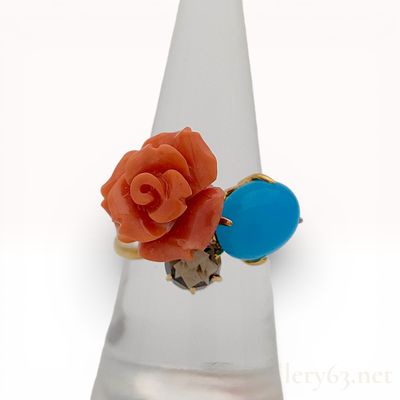 Sale Photo Thumbnail #345: 18K Yellow Gold Antique Coral Rose Turquoise and Smoky Quartz Cocktail Ring