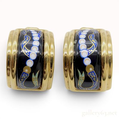 Sale Photo Thumbnail #81: A Pair of Hermes Gold-Plated Enamel Clip-On Hoop Earrings