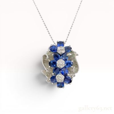 Sale Photo Thumbnail #449: 18K White Gold Natural Sapphire and Diamond Floral Pendant Necklace