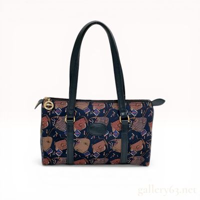 Longchamp Vintage Navy Canvas Novelty Print Shoulder Bag