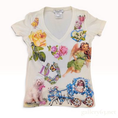 Sale Photo Thumbnail #384: Christian Dior John Galliano Era Romantic Kitsch Graphic V-Neck T-Shirt