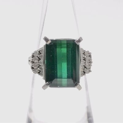 Sale Photo Thumbnail #61: Vintage Platinum 7.66ct Green Tourmaline and Diamond Cocktail Ring