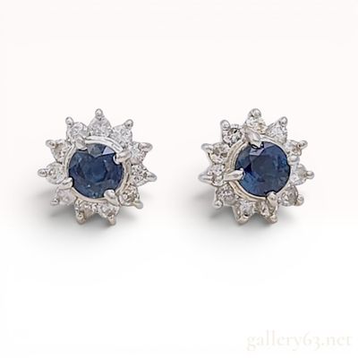 Sale Photo Thumbnail #353: A Pair of Platinum, Sapphire, and Diamond Halo Stud Earrings