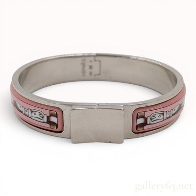 Hermes Loquet Enamel Hinge Bracelet with Pink Belt Motif