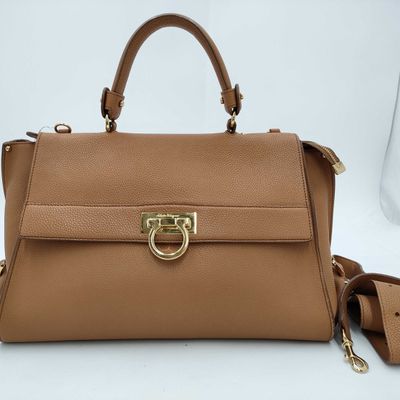 Sale Photo Thumbnail #122: Salvatore Ferragamo Tan Pebbled Leather Gancini 2-Way Handbag with Gold Hardware