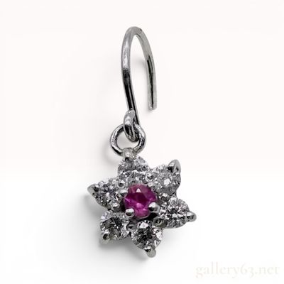 Sale Photo Thumbnail #558: Single Ruby and Diamond Flower Drop Earring in Pt900 and Pt850 Platinum