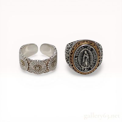 Sale Photo Thumbnail #244: Bikerringshop Sterling Silver Our Lady of Guadalupe Signet Ring and a Buccellati-Style Daisy Motif Band Ring