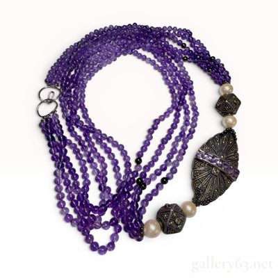 Sale Photo Thumbnail #275: Sterling Silver Multi-Strand Amethyst Marcasite and Faux Pearl Necklace