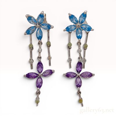 Sale Photo Thumbnail #379: A Pair of 18K White Gold Multi-Gemstone Articulated Drop Earrings