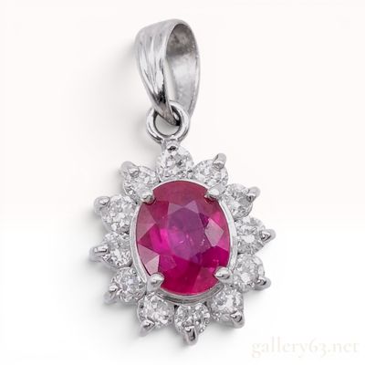 Sale Photo Thumbnail #62: Platinum Ruby and Diamond Halo Cluster Pendant