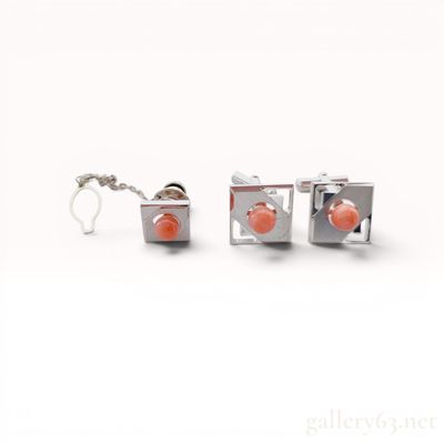 Sale Photo Thumbnail #412: Mid-Century Modernist Silver and Salmon Antique Coral Cufflink and Tie Tack Set