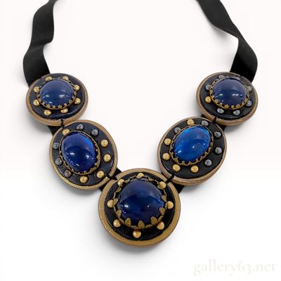 Sale Photo Thumbnail #522: Miu Miu Blue Cabochon and Faux Pearl Leather Bib Collar Necklace