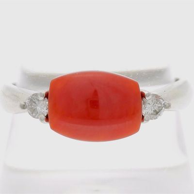 Sale Photo Thumbnail #96: Antique Red Coral Cabochon and Diamond Platinum Ring